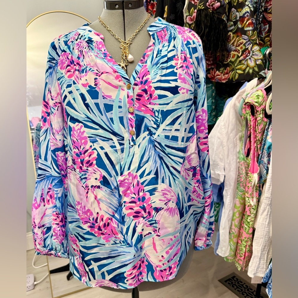 N.W.T. Lilly Pulitzer Elsa Silk Top Mr. Peacock Blue Tweethearts Medium